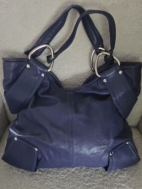 Kooba Blue Leather Tote with Silver Rings